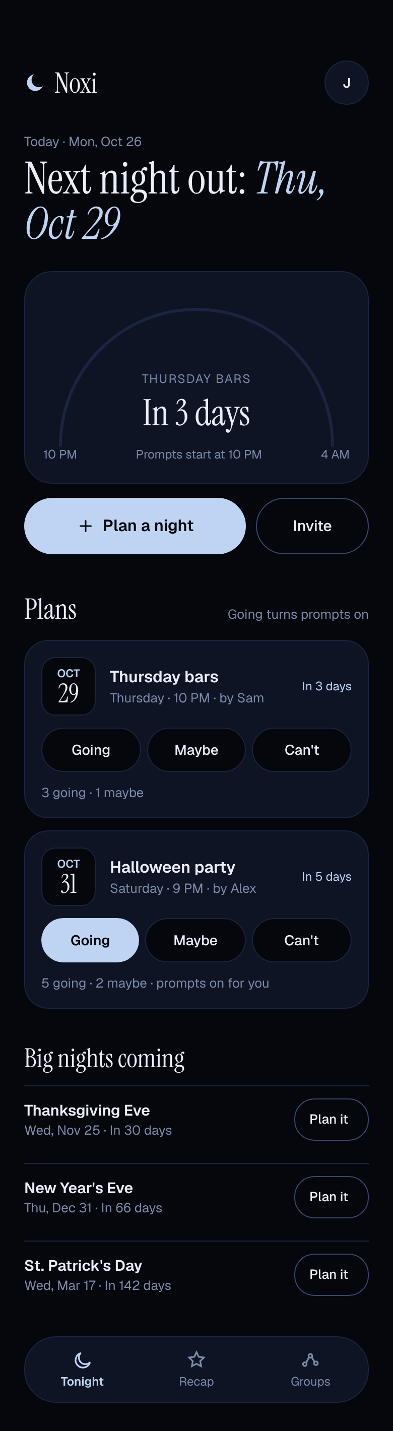The Noxi Home screen: the next night out, the night arc from 10 PM to 4 AM, and plans to answer Going, Maybe or Can't