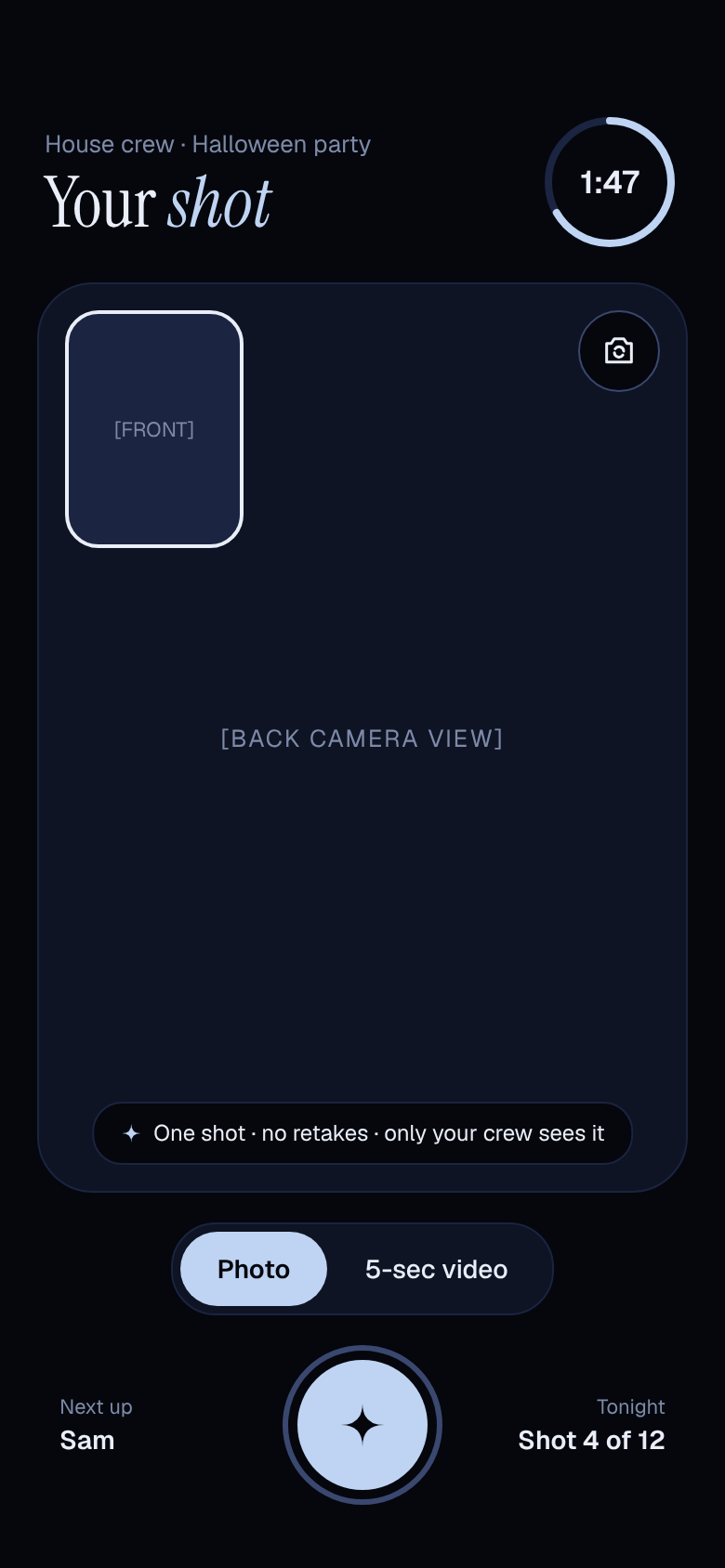 The shot screen: a two-minute ring, the back camera with the front camera inset, Photo or 5-second video